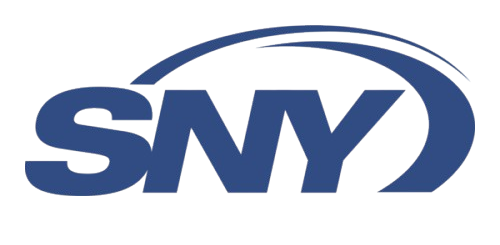 Blue SNY logo with a swoosh design on a gray background.