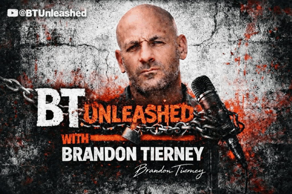 Man with microphone and chain graphic background.