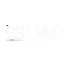 Premio logo with slogan on black background.