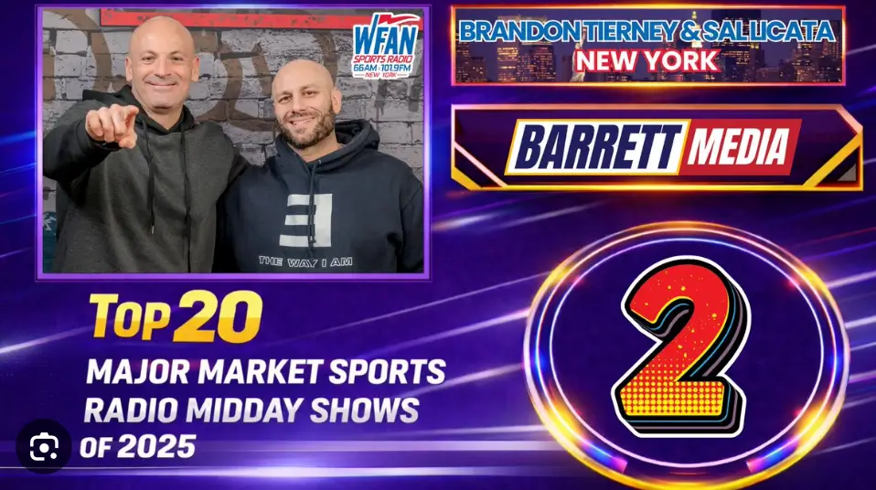 Two men standing, sports radio show ranking.